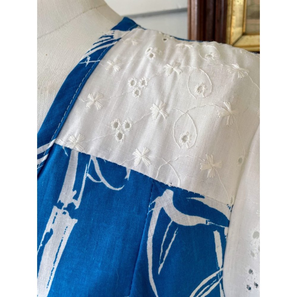Vintage 1970s Bamboo Print Blue House Dress Eyelet Lace XL - Picture 4 of 14